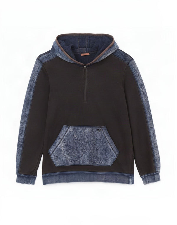 True Religion Mens Zip Neck Hoodie Jumper Medium Black Colourblock Cotton