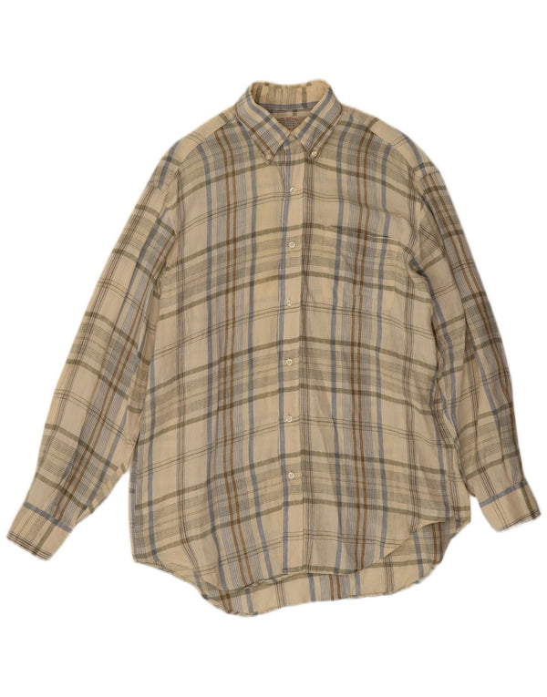 Vintage Mens Shirt Size 39 15 1/4 Medium Beige Check Linen