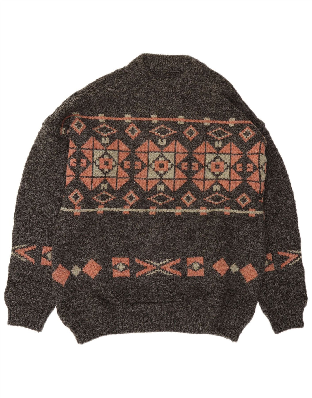 Vintage Mens Crew Neck Jumper Sweater Large Grey Fair Isle