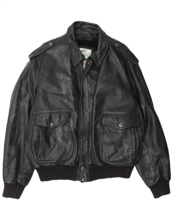 Vintage Mens Military Leather Jacket IT 52 XL Black Leather