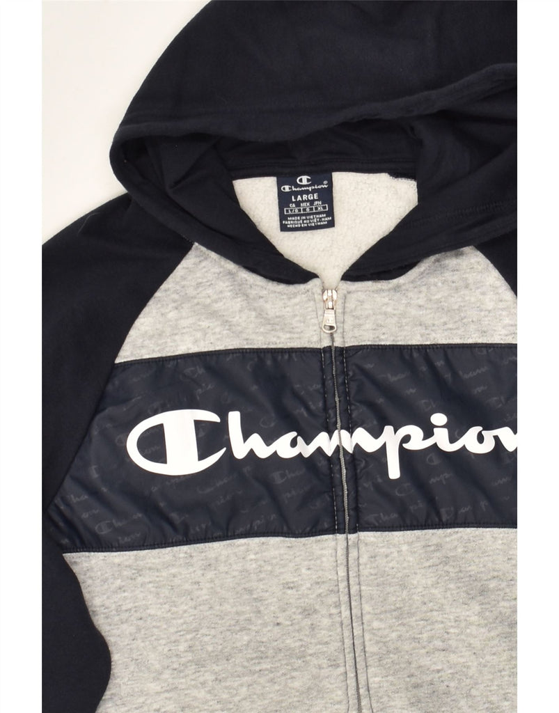 CHAMPION Mens Graphic Zip Hoodie Sweater Large Grey Colourblock Cotton | Vintage Champion | Thrift | Second-Hand Champion | Used Clothing | Messina Hembry 