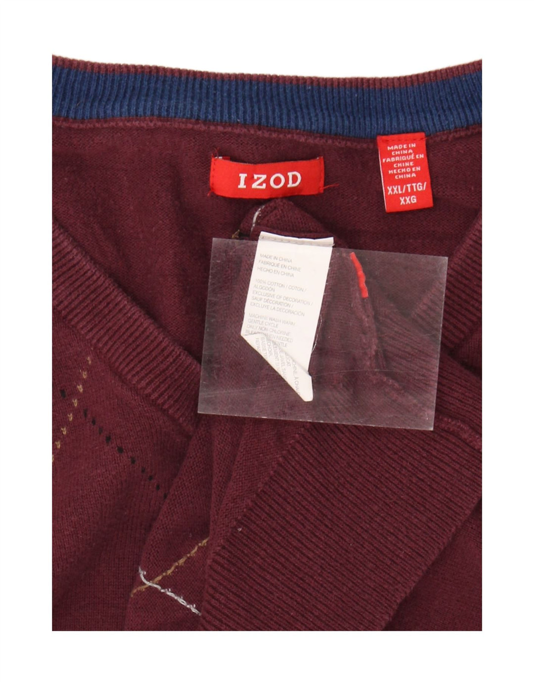 IZOD Mens V-Neck Jumper Sweater 2XL Burgundy Argyle/Diamond Cotton Vintage Izod and Second-Hand Izod from Messina Hembry 