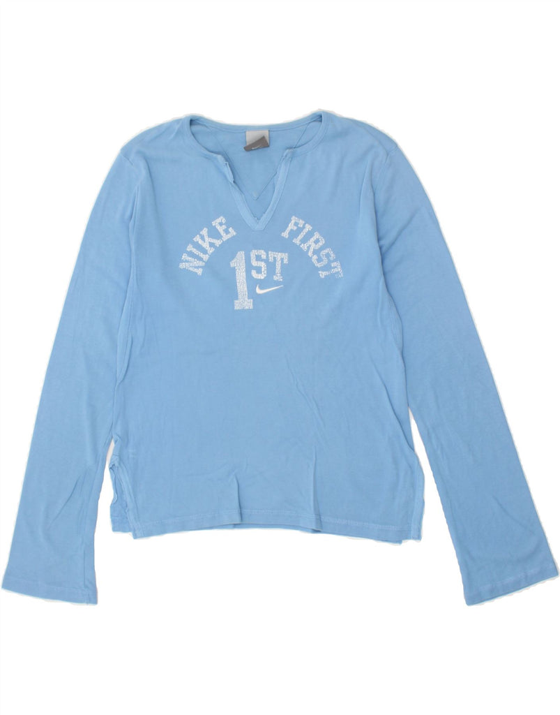 NIKE Womens Crop Graphic Top Long Sleeve UK 10/12 Medium Blue Vintage Nike and Second-Hand Nike from Messina Hembry 