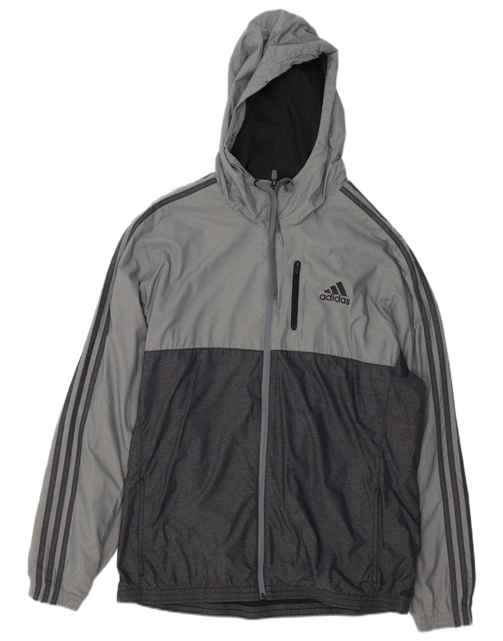 ADIDAS Mens Hooded Tracksuit Top Jacket Large Grey Colourblock Nylon