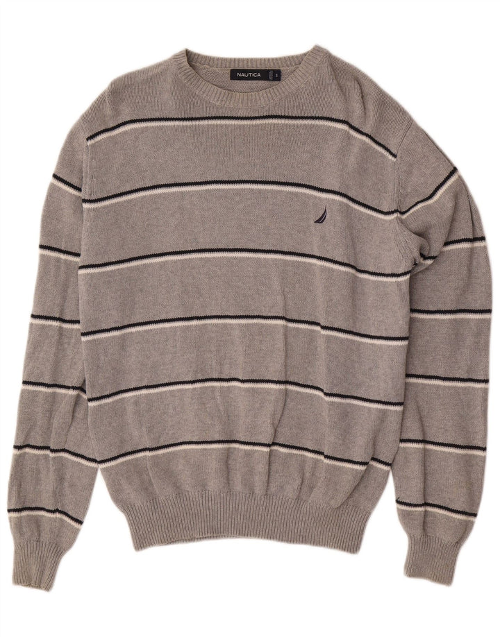 NAUTICA Mens Crew Neck Jumper Sweater Small Grey Striped Cotton
