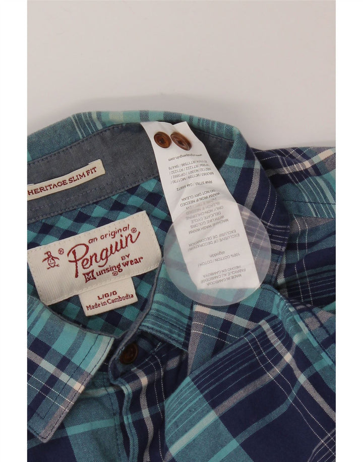 Penguin Mens Heritage Slim Fit Shirt Large Navy Blue Check Cotton