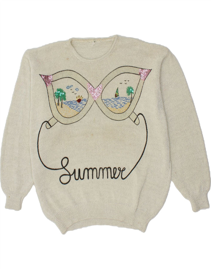 VINTAGE Womens Graphic Crew Neck Jumper Sweater UK 14 Medium Off White Vintage Vintage and Second-Hand Vintage from Messina Hembry 