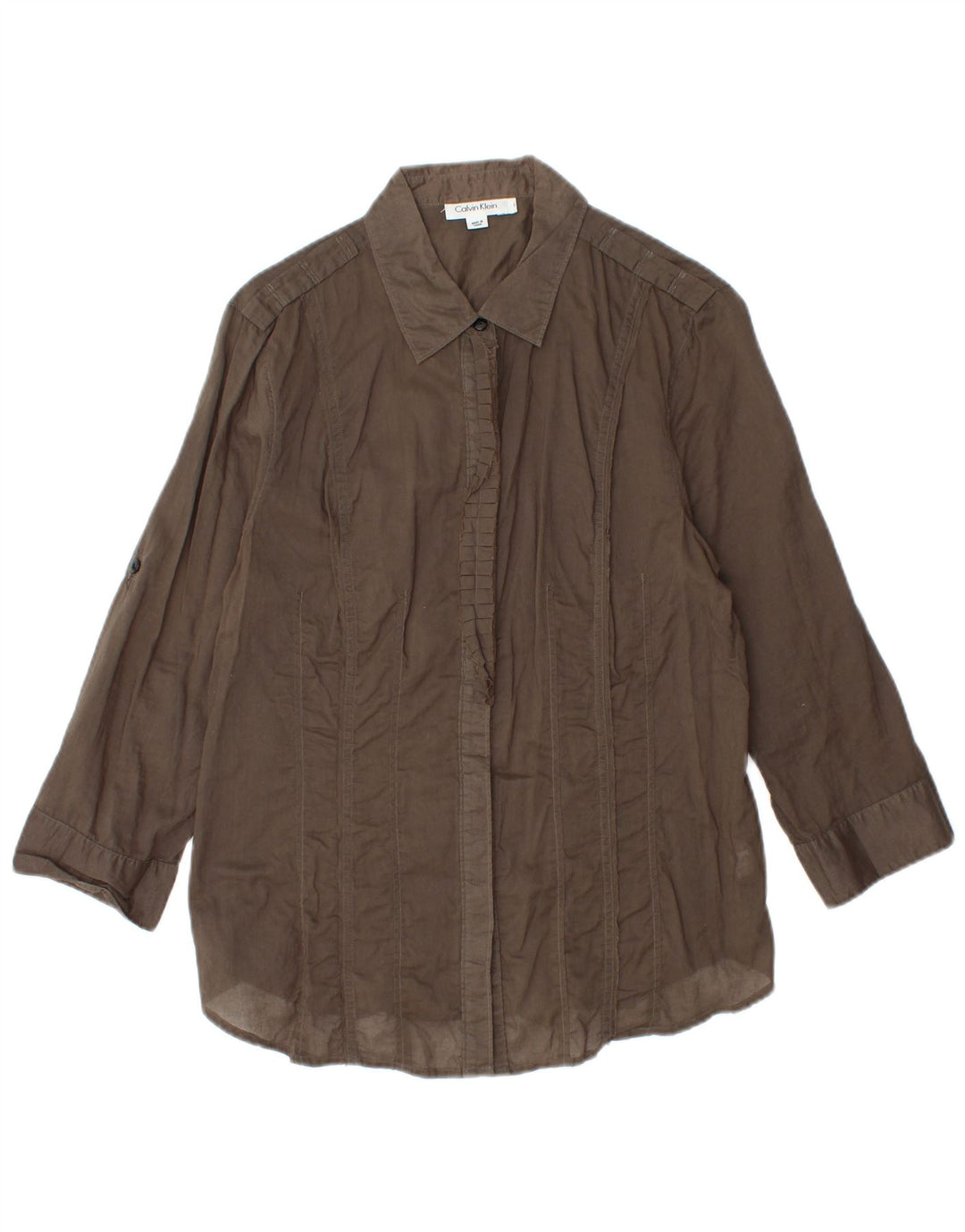 CALVIN KLEIN Womens 3/4 Sleeve Ruffle Front Shirt UK 14 Large Brown Cotton