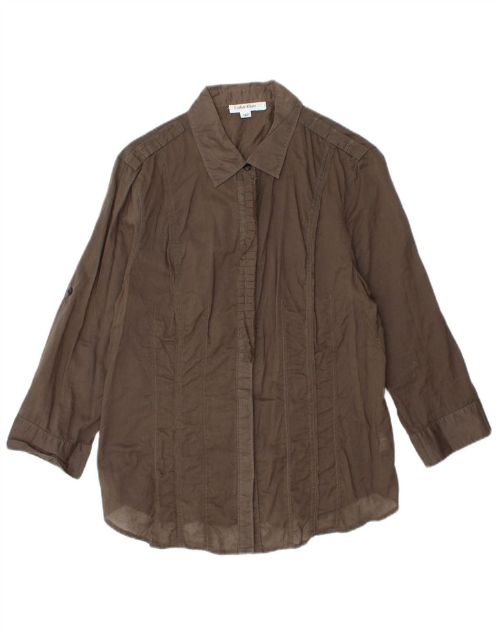 CALVIN KLEIN Womens 3/4 Sleeve Ruffle Front Shirt UK 14 Large Brown Cotton