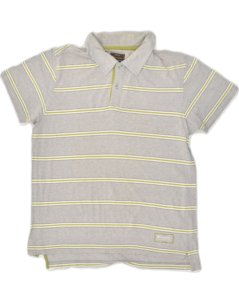 CHAMPION Mens Polo Shirt Large Grey Striped Cotton | Vintage Champion | Thrift | Second-Hand Champion | Used Clothing | Messina Hembry 