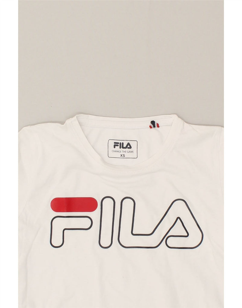 FILA Womens Crop Graphic T-Shirt Top UK 6 XS White | Vintage Fila | Thrift | Second-Hand Fila | Used Clothing | Messina Hembry 