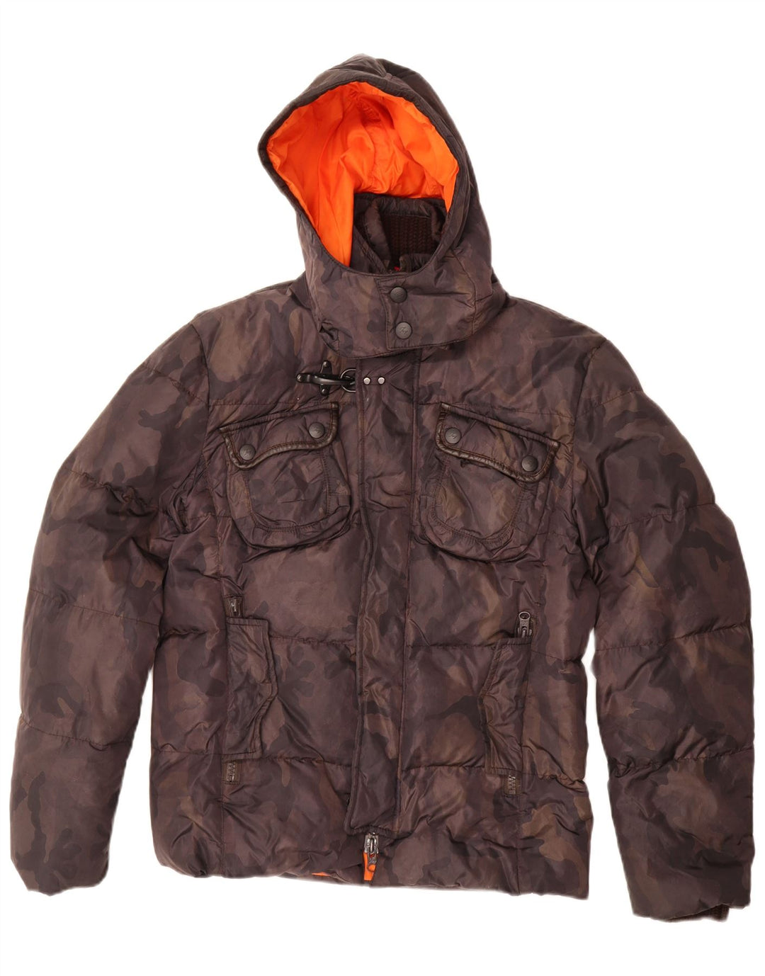 Fay Mens Hooded Padded Jacket UK 36 Small Brown Camouflage