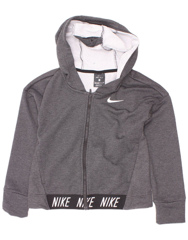 Nike Girls Dri Fit Zip Hoodie Sweater 8-9 Years Small Grey Colourblock