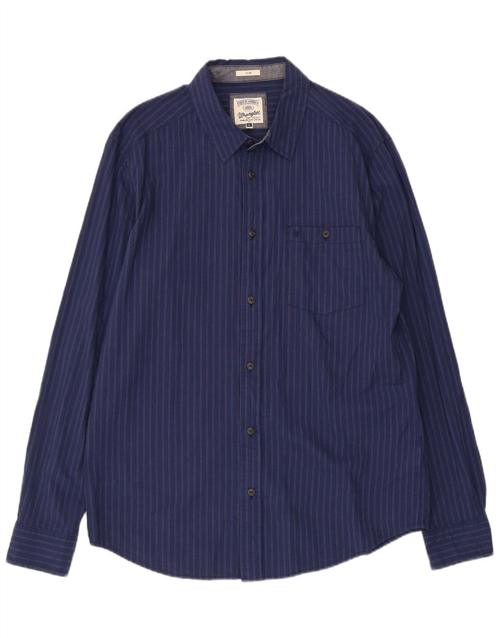 Wrangler Mens Slim Shirt XL Navy Blue Striped Cotton