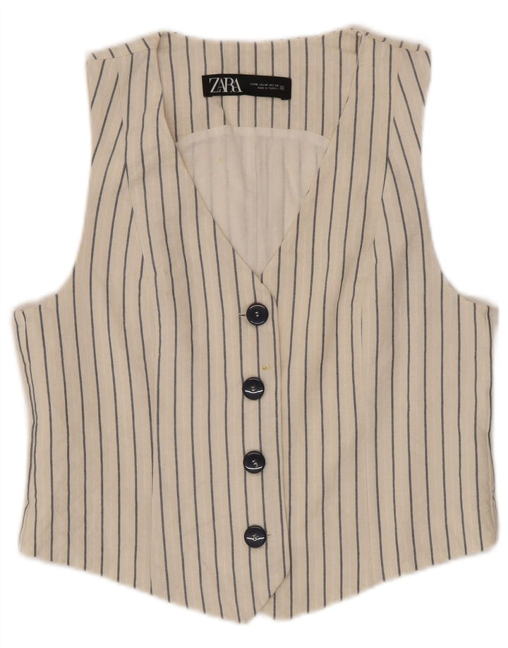 Zara Womens Waistcoat UK 12 Medium White Striped Cotton