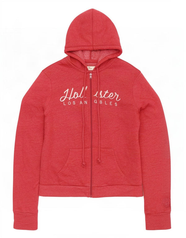 Hollister Womens Graphic Zip Hoodie Sweater UK 16 Large Red Cotton