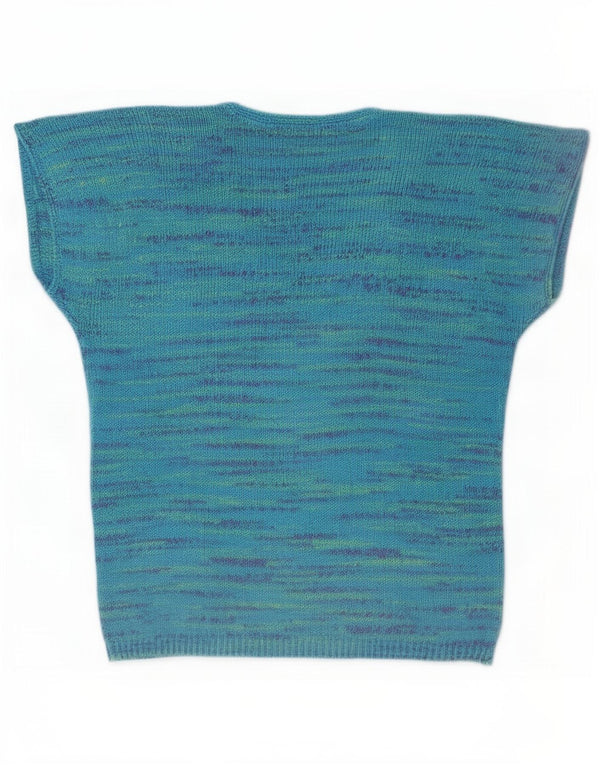 Vintage Womens Short Sleeve V-Neck Jumper Sweater UK 18 XL Blue Flecked