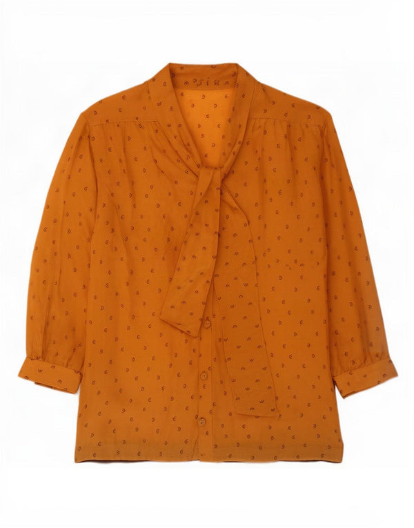 Vintage Womens 3/4 Sleeve Front Tie Shirt Blouse UK 16 Large Yellow Spotted