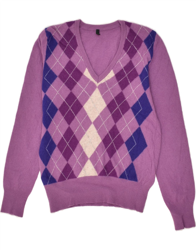 BENETTON Womens V-Neck Jumper Sweater UK 14 Large Purple Argyle/Diamond | Vintage Benetton | Thrift | Second-Hand Benetton | Used Clothing | Messina Hembry 