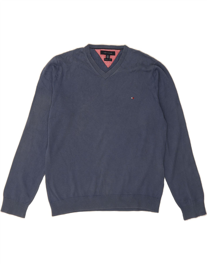 TOMMY HILFIGER Mens V-Neck Jumper Sweater Large Blue Cotton Vintage Tommy Hilfiger and Second-Hand Tommy Hilfiger from Messina Hembry 
