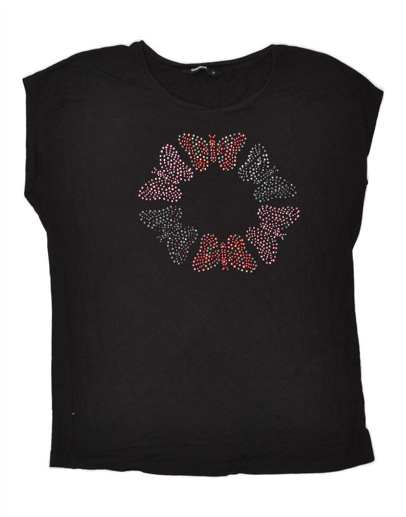 DESIGUAL Womens Graphic T-Shirt Top UK 12 Medium Black Viscose | Vintage Desigual | Thrift | Second-Hand Desigual | Used Clothing | Messina Hembry 