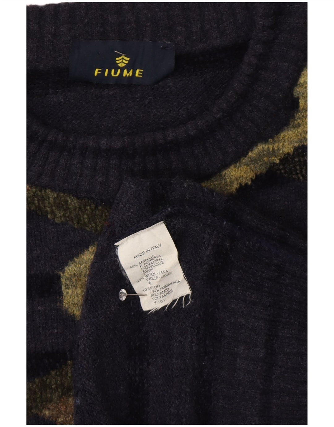Fiume Mens Abstract Pattern Crew Neck Jumper Sweater XL Navy Blue Striped