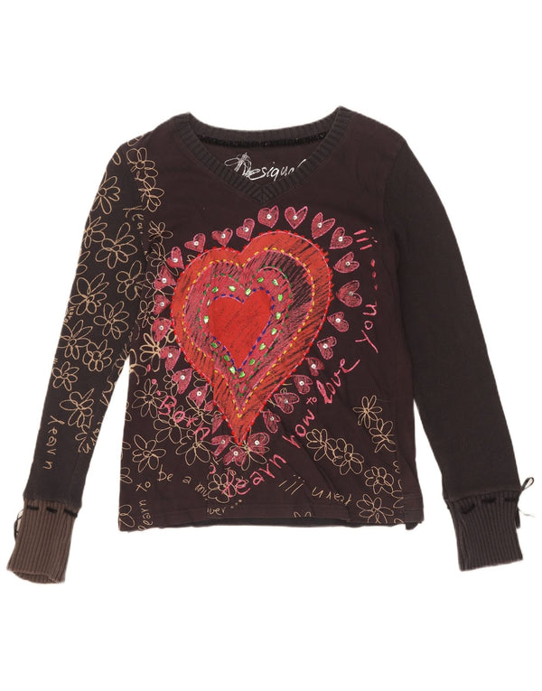 Desigual Womens Graphic Top Long Sleeve UK 18 XL Black Floral Cotton Heart