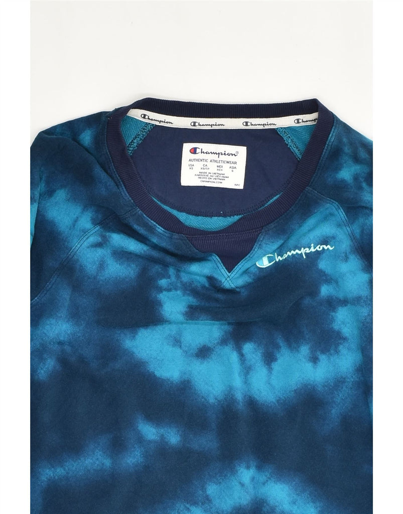 CHAMPION Womens Oversized Crop Sweatshirt Jumper UK 6 XS Blue Tie Dye | Vintage Champion | Thrift | Second-Hand Champion | Used Clothing | Messina Hembry 