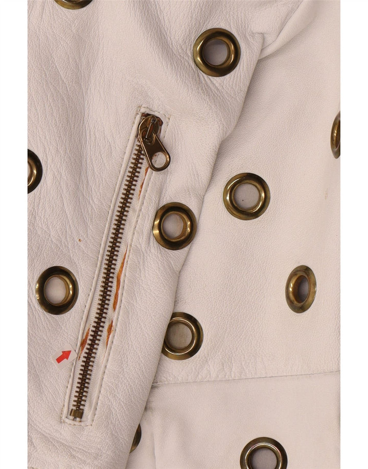 Vintage Womens Crop Leather Jacket UK 10 Small White Leather