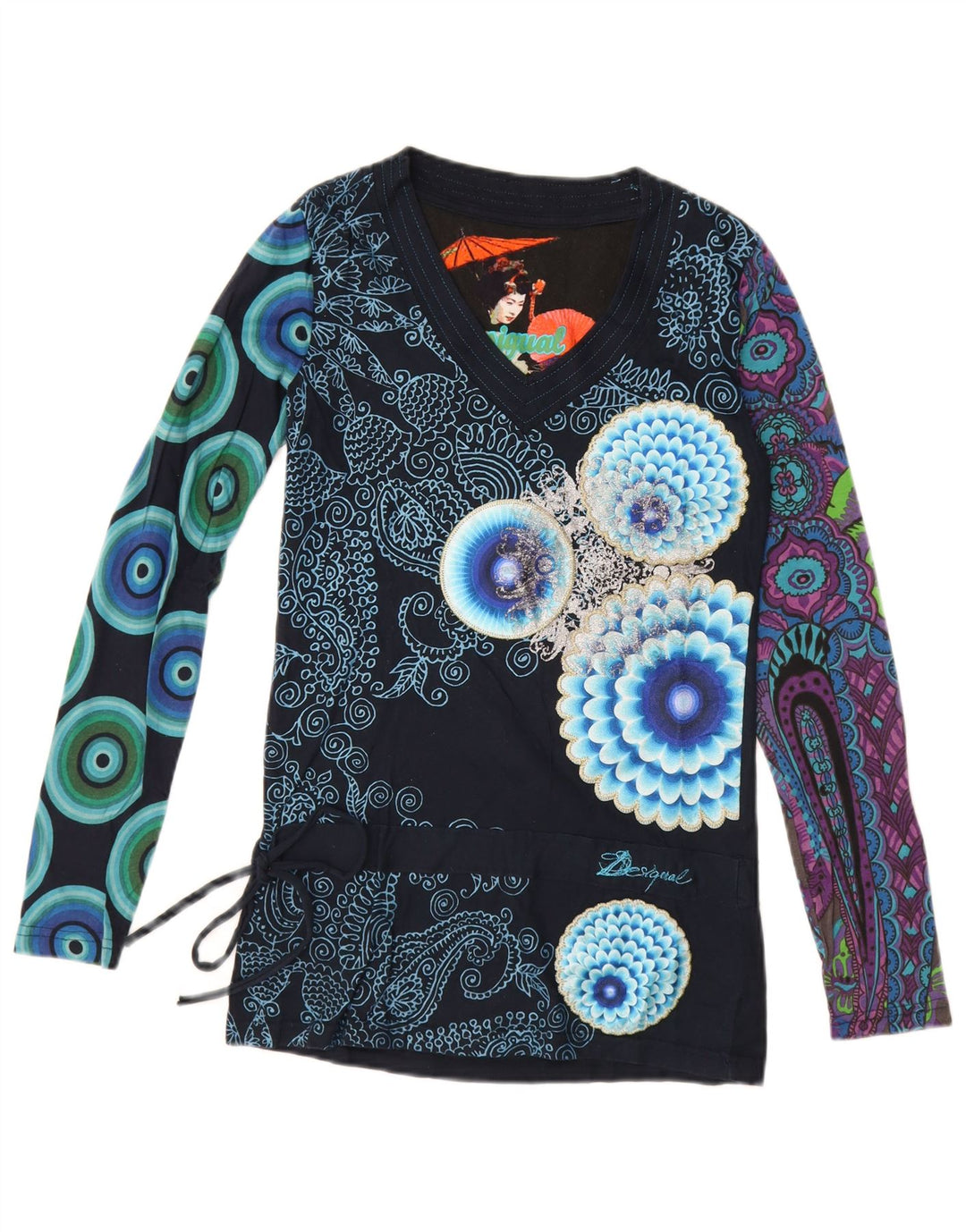 Desigual Womens Graphic Top Long Sleeve UK 10 Small Navy Blue