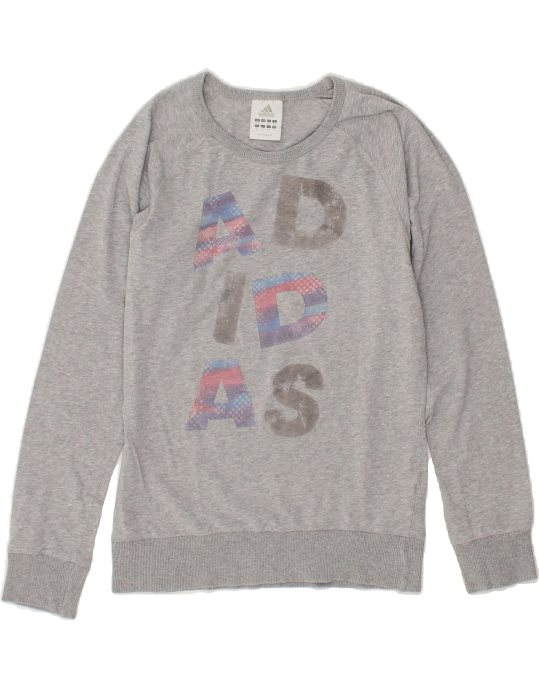 ADIDAS Girls Graphic Sweatshirt Jumper 13-14 Years Grey Vintage Adidas and Second-Hand Adidas from Messina Hembry 