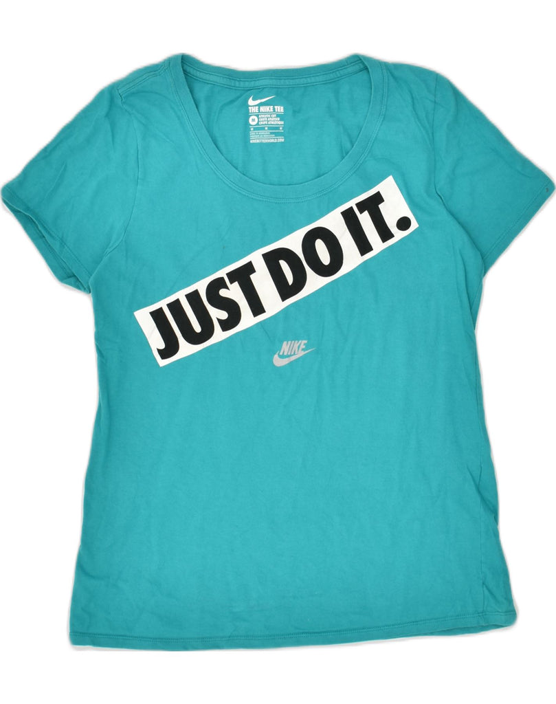 NIKE Womens Athletic Cut Graphic T-Shirt Top UK 12 Medium Turquoise Cotton | Vintage Nike | Thrift | Second-Hand Nike | Used Clothing | Messina Hembry 