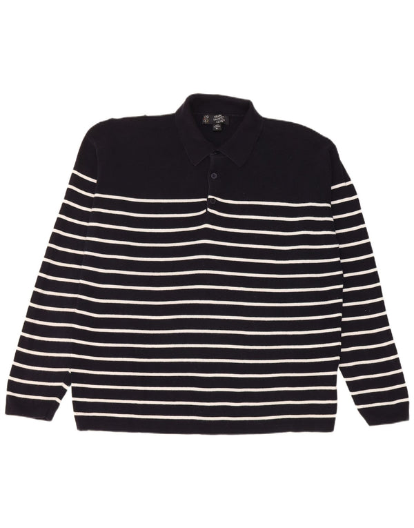 Vintage Mens Polo Neck Jumper Sweater XL Navy Blue Striped Cotton