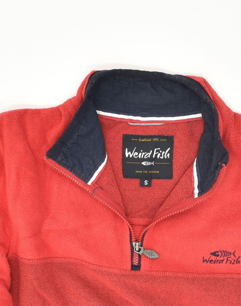 WEIRD FISH Mens Zip Neck Fleece Jumper Small Red Colourblock Polyester | Vintage Weird Fish | Thrift | Second-Hand Weird Fish | Used Clothing | Messina Hembry 