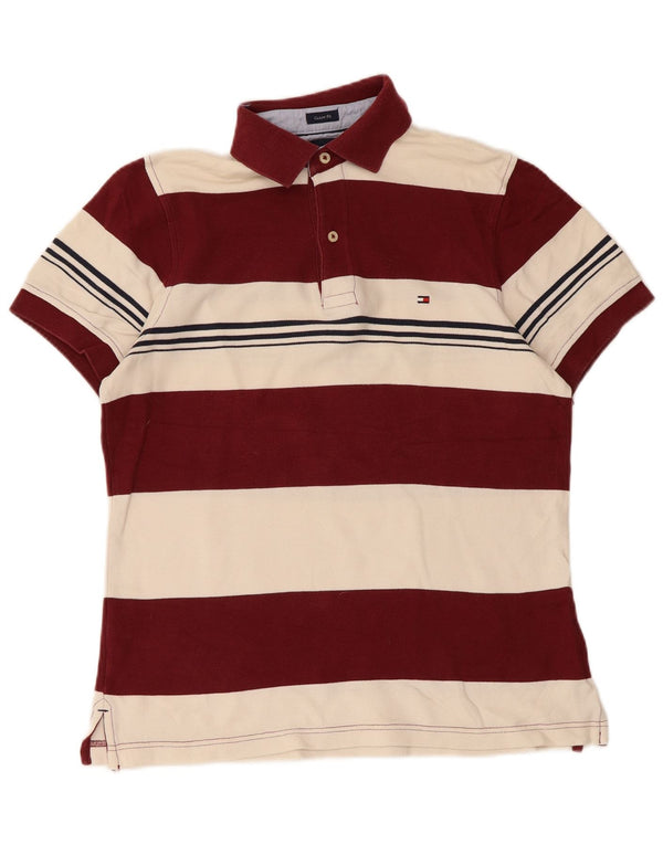 Tommy Hilfiger Mens Custom Fit Polo Shirt Small Burgundy Striped Cotton