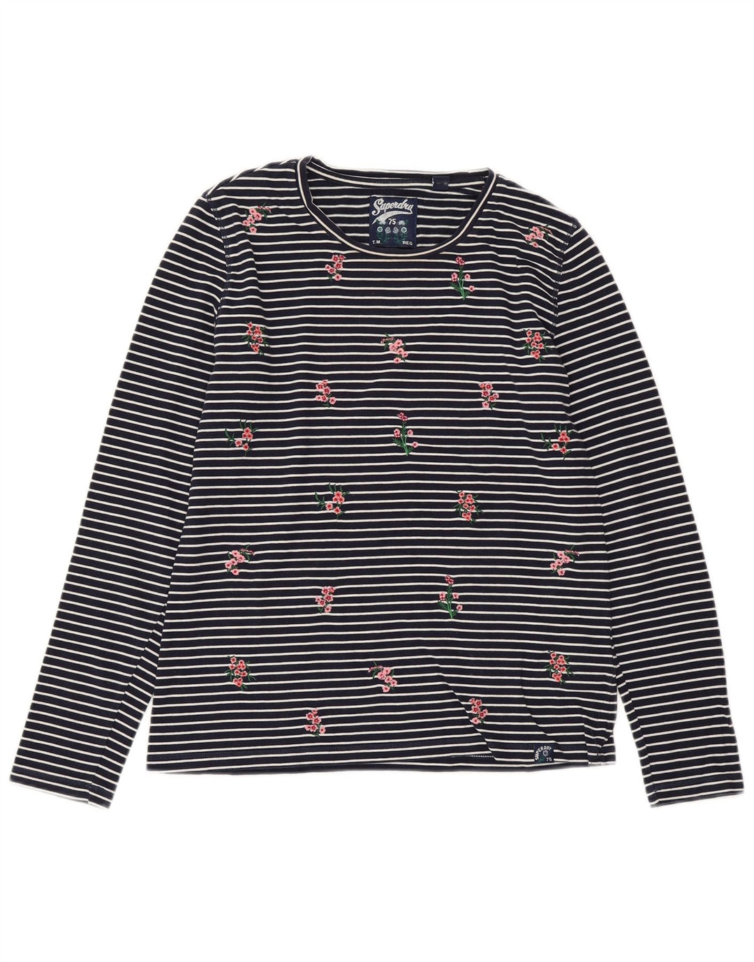 SUPERDRY Womens Top Long Sleeve UK 10 Small Navy Blue Striped Cotton