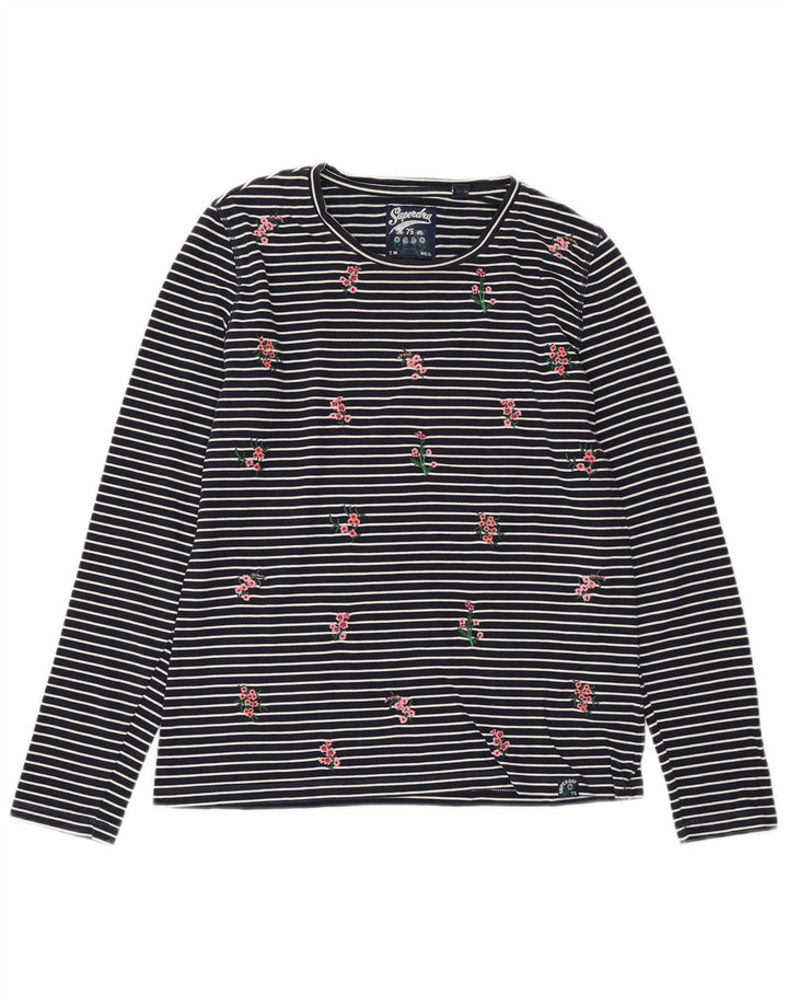 SUPERDRY Womens Top Long Sleeve UK 10 Small Navy Blue Striped Cotton