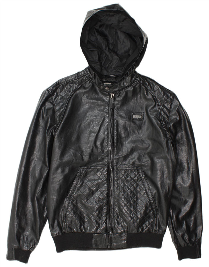 Ecko Unltd Mens Hooded Faux Leather Bomber Jacket UK 38 Medium Black
