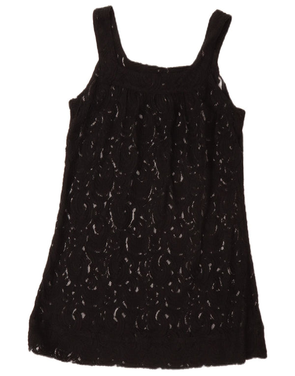 VINTAGE Womens Sleeveless See Through Tunic Top UK 12 Medium Black Floral