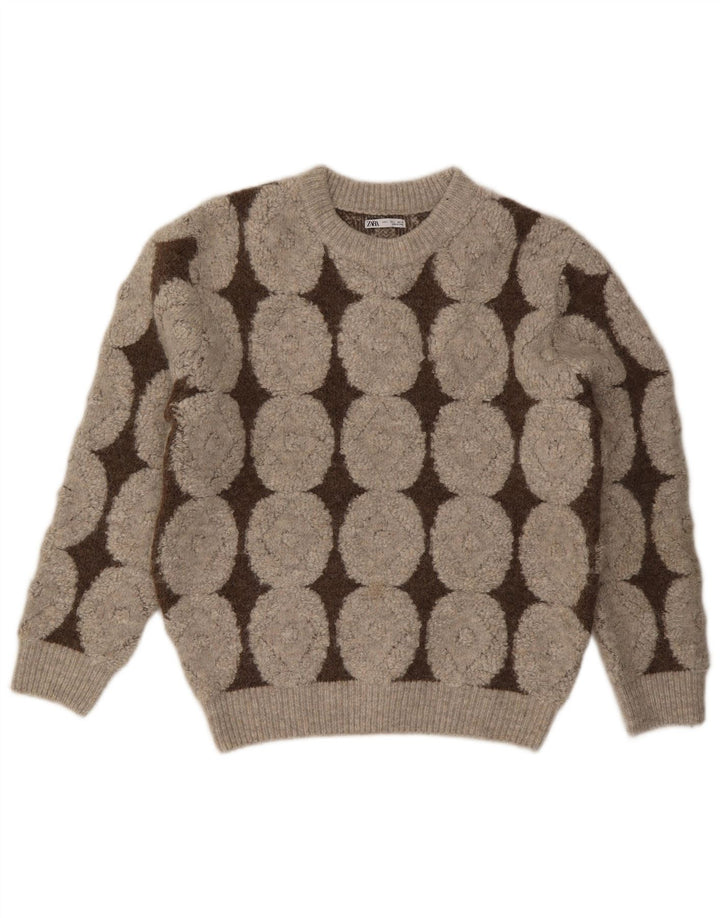 Zara Womens Crew Neck Jumper Sweater UK 16 Large Beige Geometric Polyester