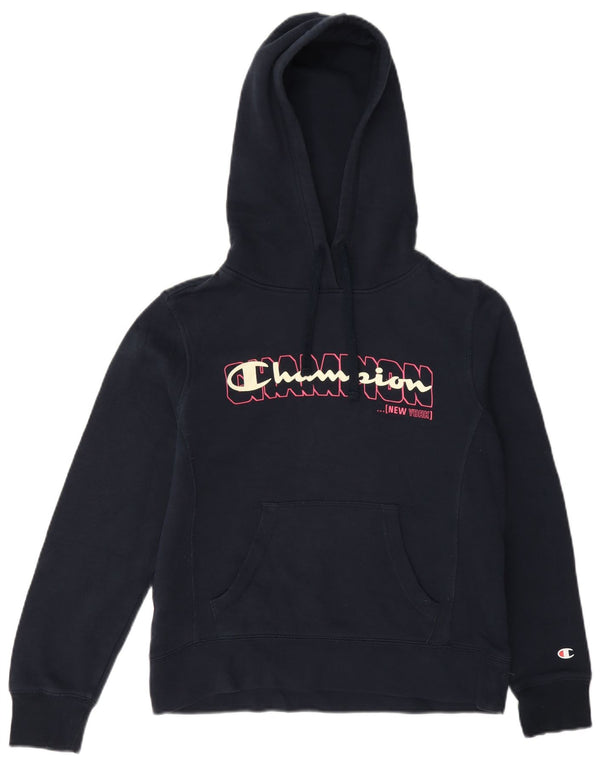 Champion Womens Graphic Hoodie Jumper UK 10 Small Navy Blue