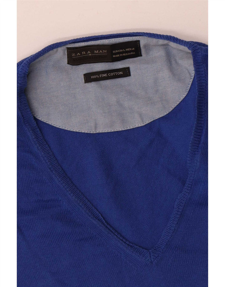 Zara Mens V-Neck Jumper Sweater Large Blue Cotton