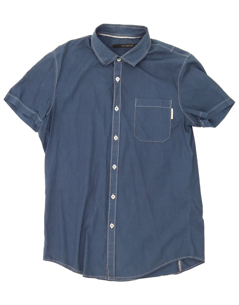 CALVIN KLEIN JEANS Mens Short Sleeve Shirt Large Navy Blue Cotton Vintage Calvin Klein Jeans and Second-Hand Calvin Klein Jeans from Messina Hembry 