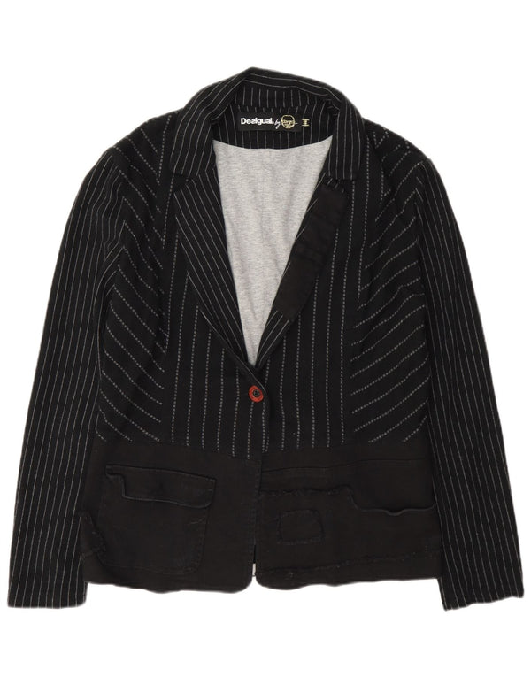 Desigual Womens 1 Button Blazer Jacket EU 44 XL Grey Striped Viscose