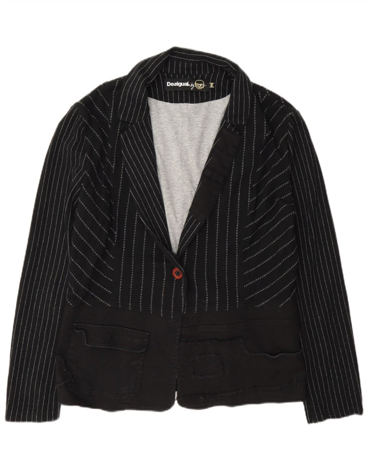 Desigual Womens 1 Button Blazer Jacket EU 44 XL Grey Striped Viscose