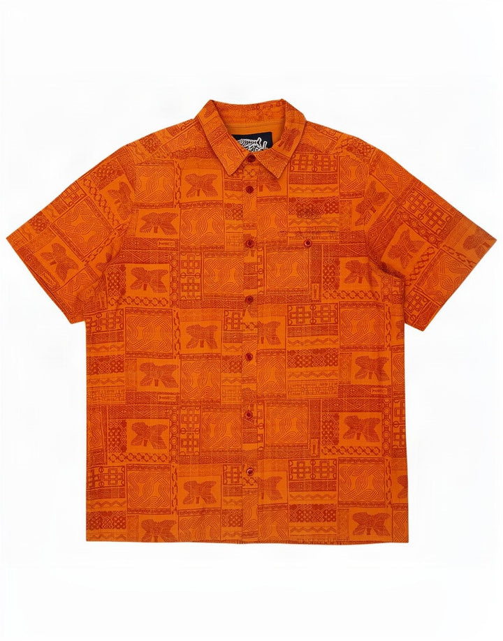 Weird Fish Mens Short Sleeve Shirt Large Orange Patchwork Cotton