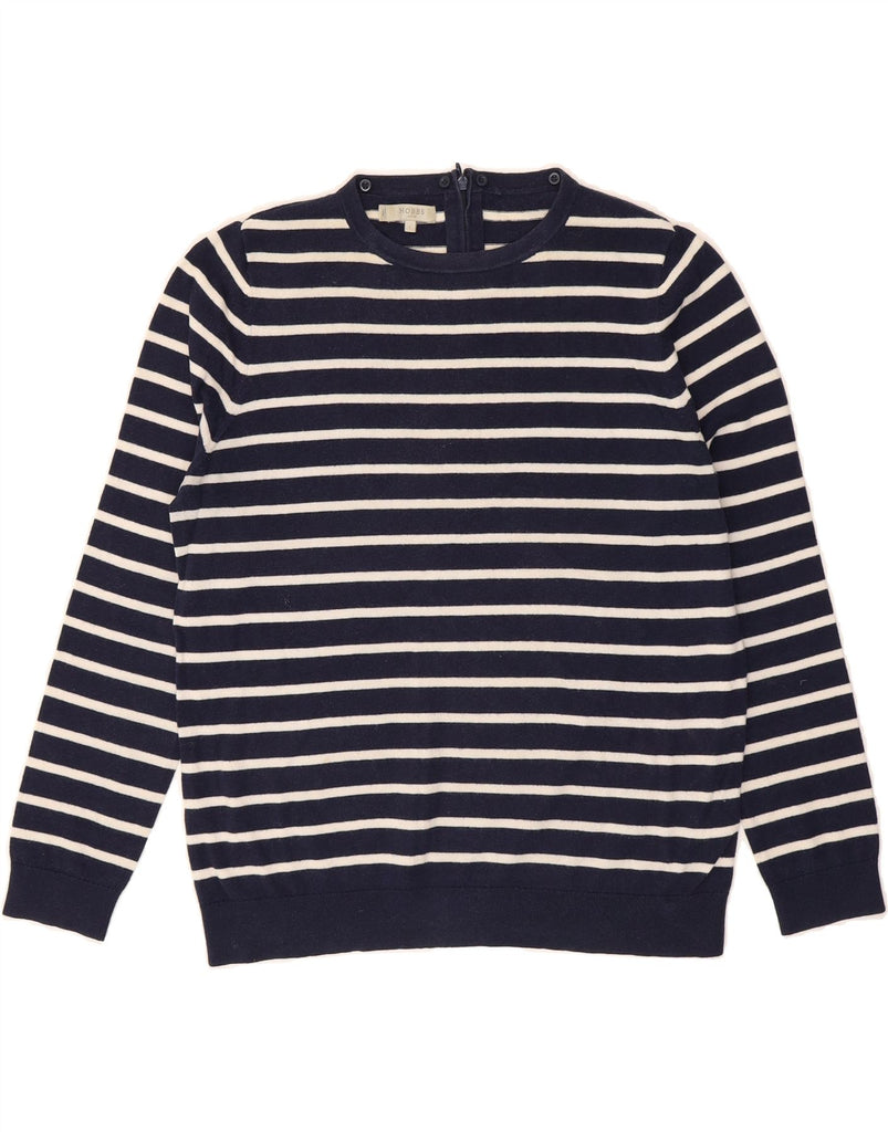 HOBBS Womens Crew Neck Jumper Sweater UK 16 Large Navy Blue Striped Cotton Vintage Hobbs and Second-Hand Hobbs from Messina Hembry 