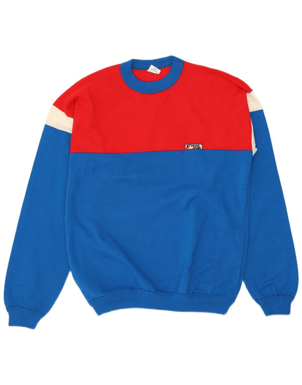 VINTAGE Mens Crew Neck Jumper Sweater Medium Blue Colourblock Acrylic
