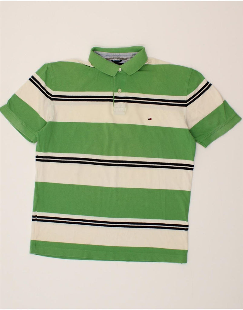 TOMMY HILFIGER Mens Polo Shirt Large Green Striped Vintage Tommy Hilfiger and Second-Hand Tommy Hilfiger from Messina Hembry 
