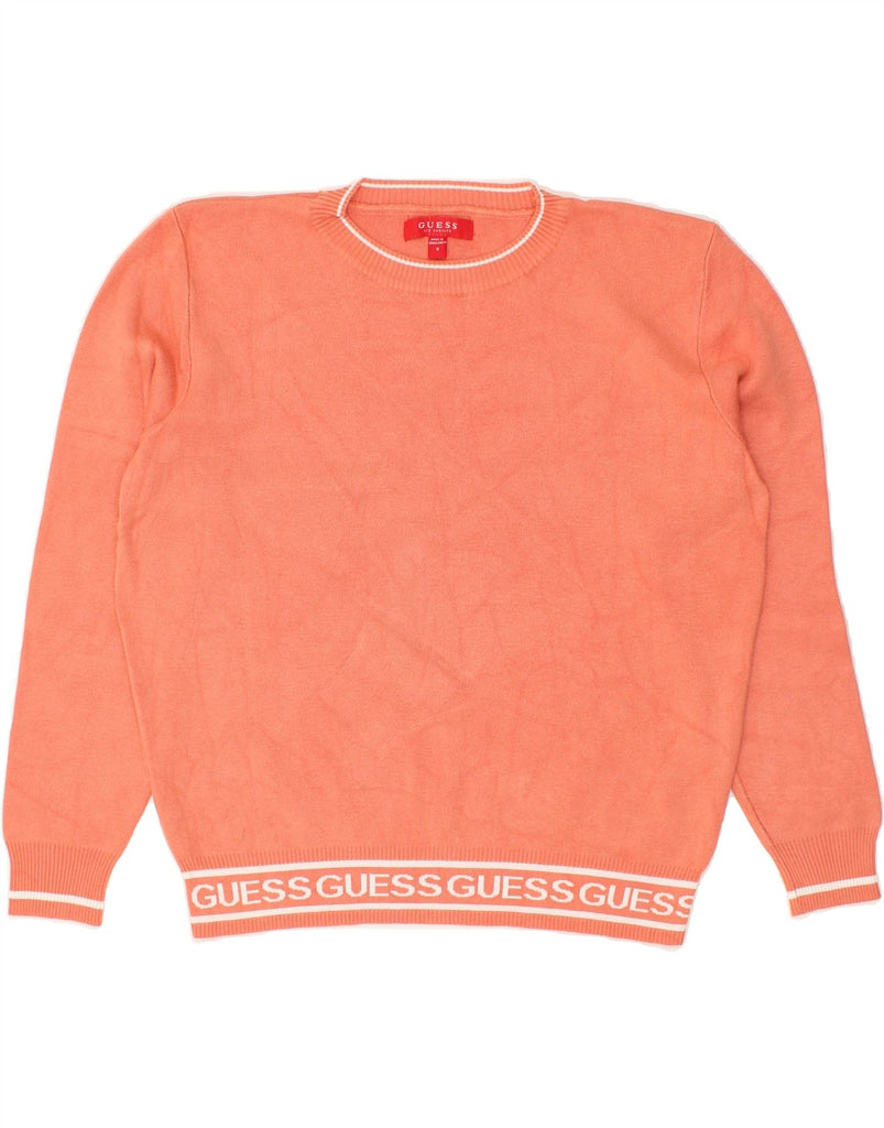 GUESS Womens Crop Graphic Crew Neck Jumper Sweater UK 10 Small Orange | Vintage Guess | Thrift | Second-Hand Guess | Used Clothing | Messina Hembry 